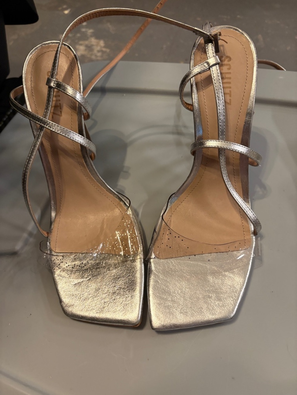 SCHUTZ Metallic Silver Strappy Square-Toe Heels